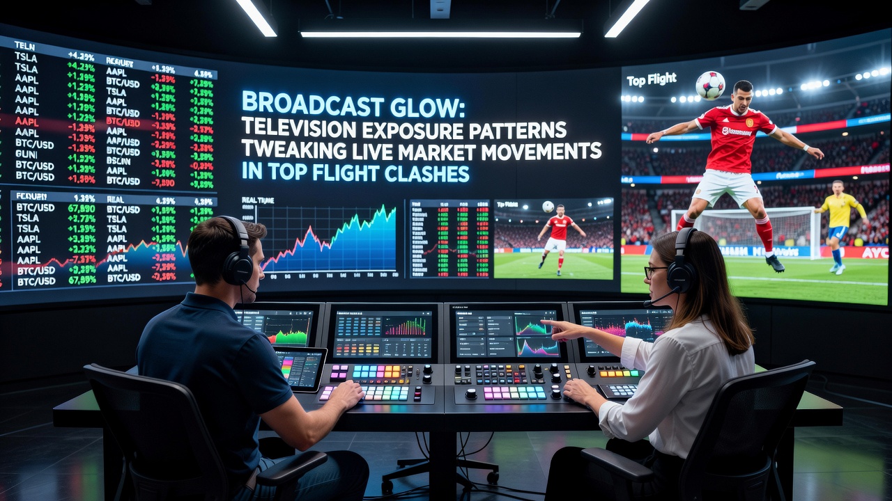 Live football match on multiple screens with real-time odds overlays and audience engagement metrics