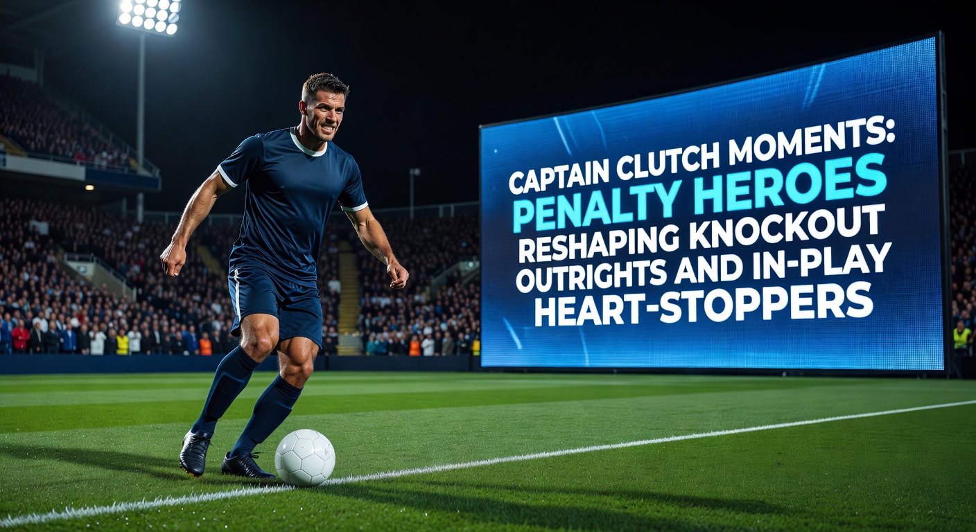 Heart-pounding in-play penalty scene from a Premier League cup tie, captain blasting home the winner as fans erupt and live odds explode on screens