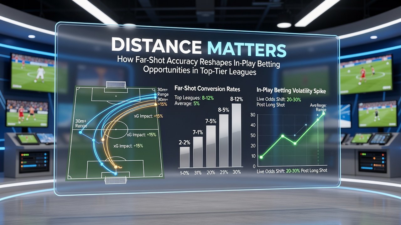 Close-up of a long-distance shot trajectory in a Champions League fixture with betting odds display overlay
