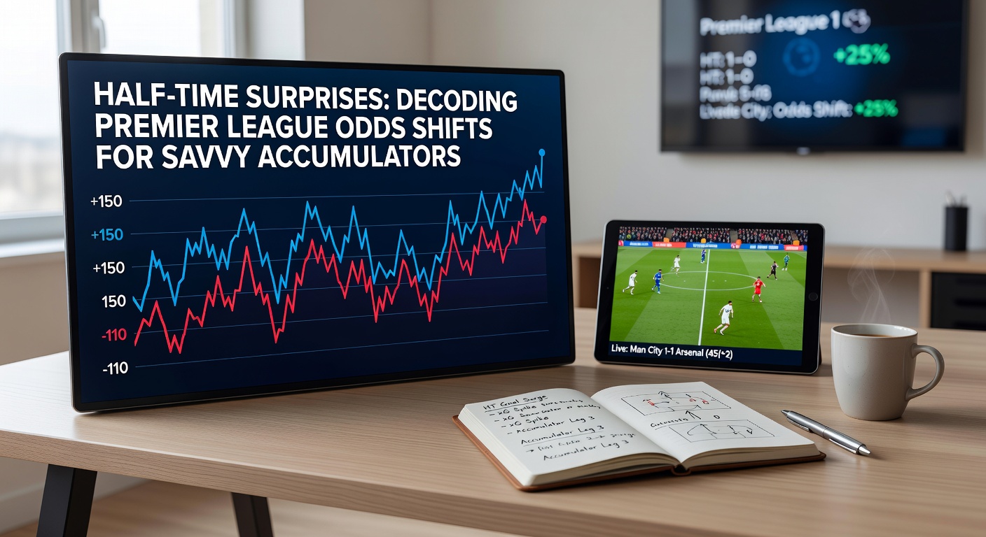 Close-up of a bookmaker's live odds screen during half-time, displaying shifting Premier League lines for multiple accumulator legs amid a stadium crowd roar