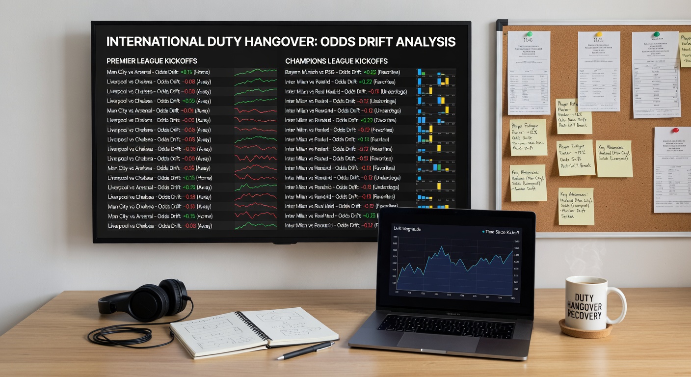 Champions League kickoff with odds board showing real-time drifts due to player fatigue
