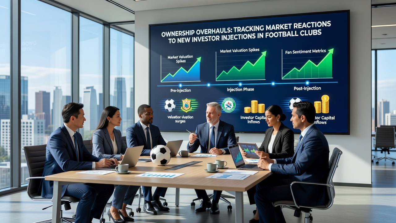 Investor handshake at a football club boardroom with valuation graphs