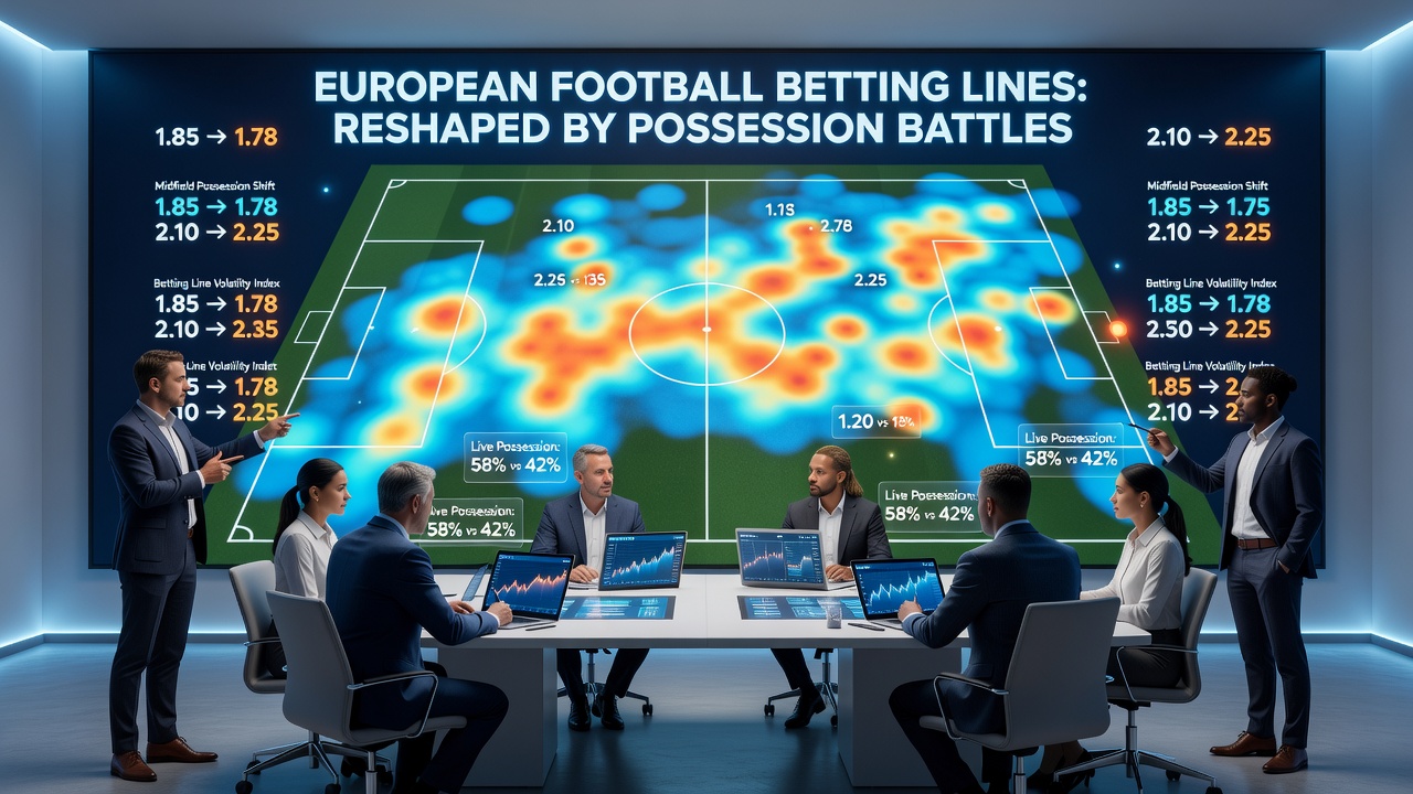 Coaches and analysts reviewing possession heatmaps on tablets during a live European football broadcast