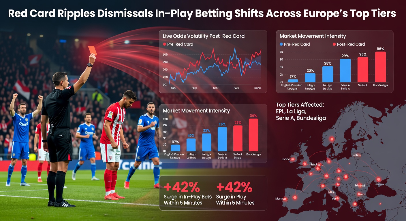 Graph showing in-play odds shifts post-red card in Champions League matches, with steep declines for dismissed teams